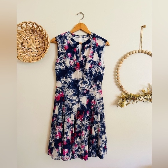 REBECCA TAYLOR ROSE GARDEN FLORAL Blue Keyhole Neck Chiffon Silk mini Dress Sz 2 - Picture 2 of 10